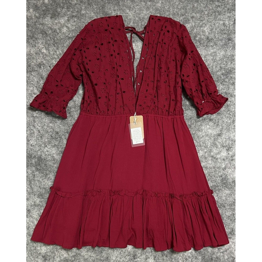 Jeykay Deep V Eyelet Dress Women's XXL Pink Mini Half Sleeve BOHO